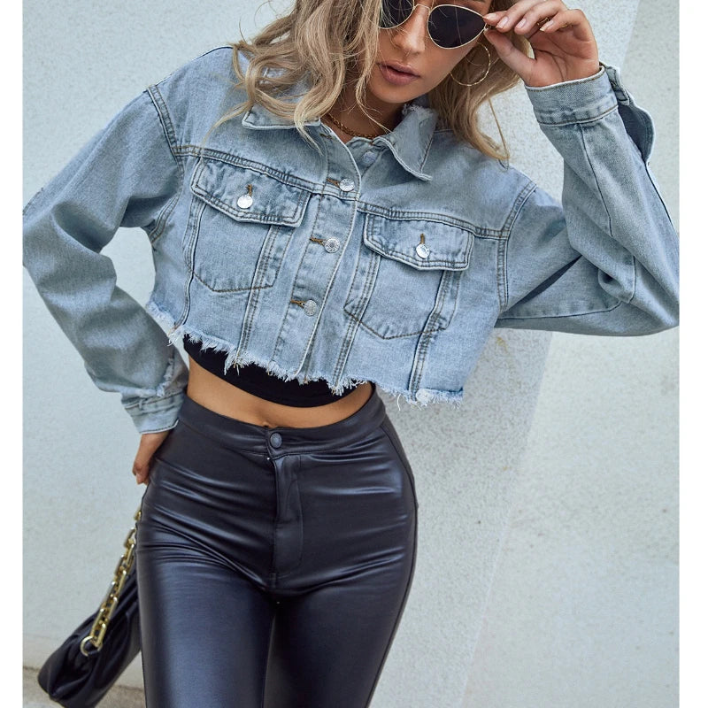 Jaqueta Jeans Feminina Cropped Grunge Streetwear