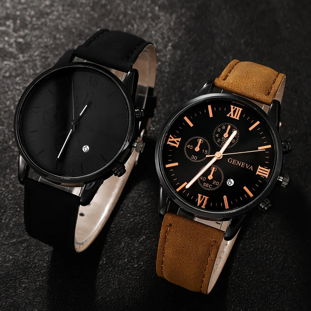 2pcs and 1pcs luxury men's leather strap quartz watch set is the perfect gift for school graduation ceremonies or any occasion