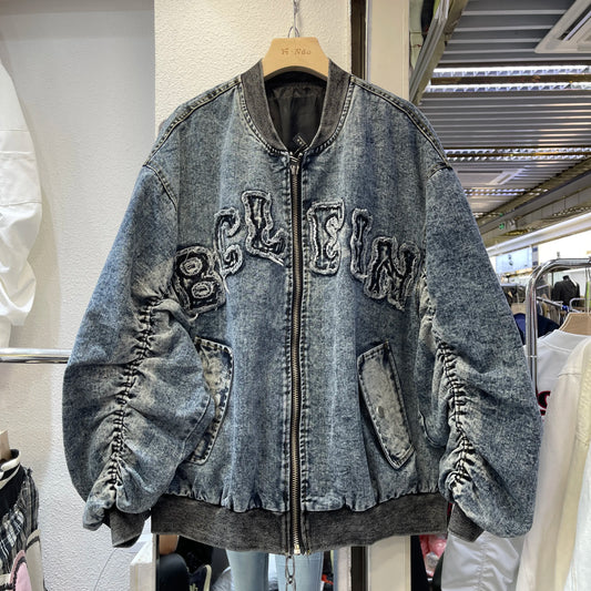 Jaqueta Jeans Feminina Oversized Bordada Streetwear