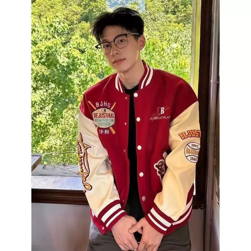 Jaqueta Varsity Masculina Bordada Streetwear Americana