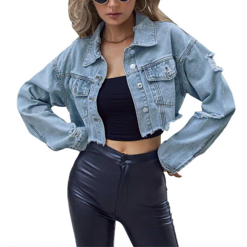Jaqueta Jeans Feminina Cropped Grunge Streetwear