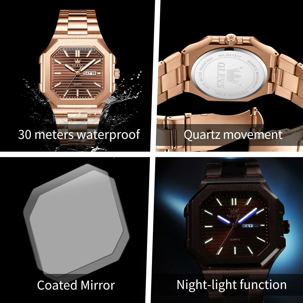 Relógio Masculino OLEVS Original Quartz Quadrado Aço Inoxidável Luxo