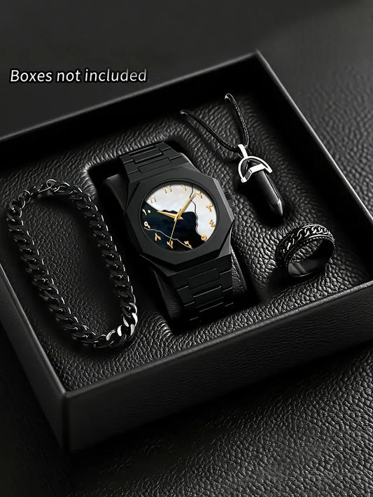 Kit Relógio Masculino Premium Colar Pulseira e Anel