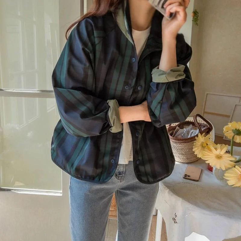 Jaqueta Feminina Xadrez Dupla Face Oversized