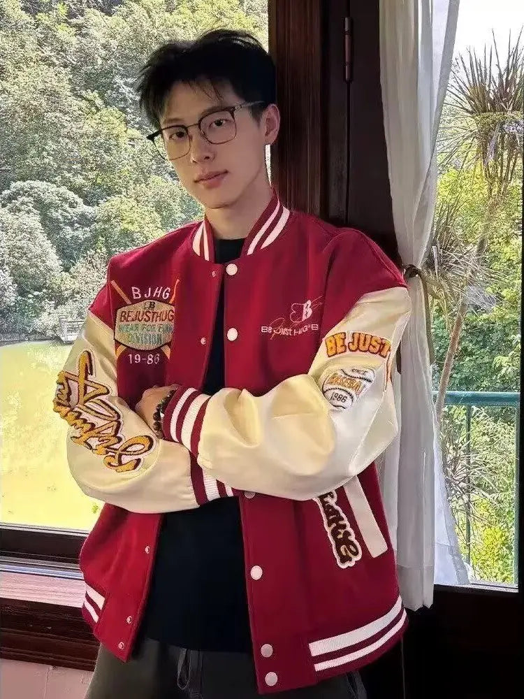 Jaqueta Varsity Masculina Bordada Streetwear Americana