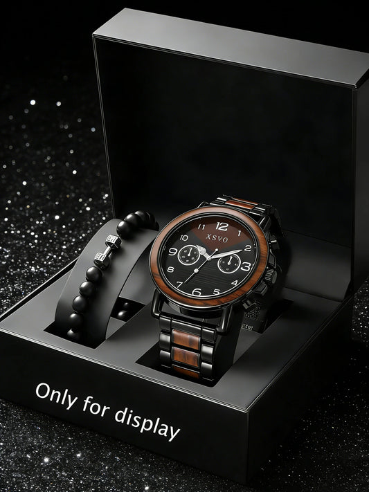 Kit Relógio Masculino Vintage Wooden Premium com Pulseira
