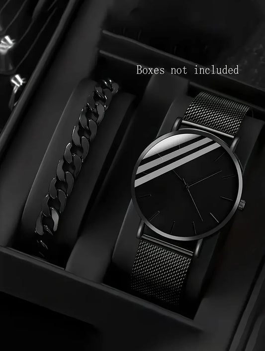 Kit Relógio Masculino Premium Mesh Preto e Pulseira