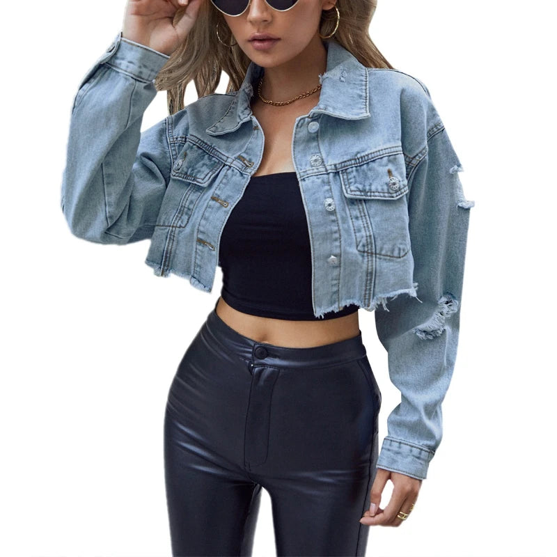 Jaqueta Jeans Feminina Cropped Grunge Streetwear